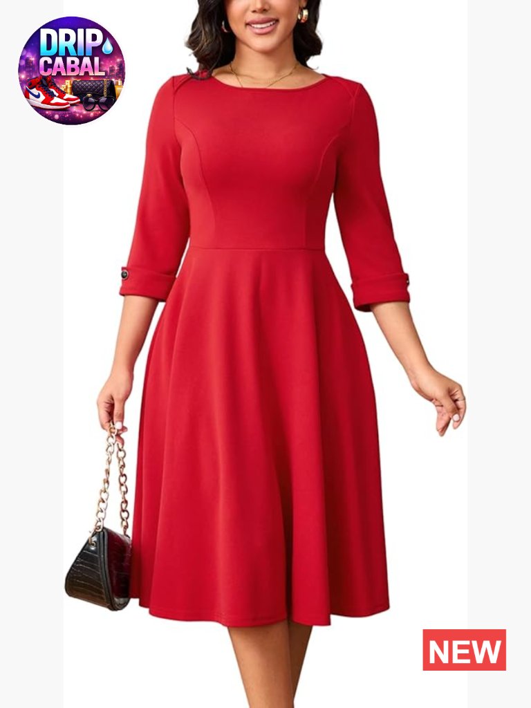 Fit And Flare A-Line Midi Dress With Pockets 3/4 Sleeve